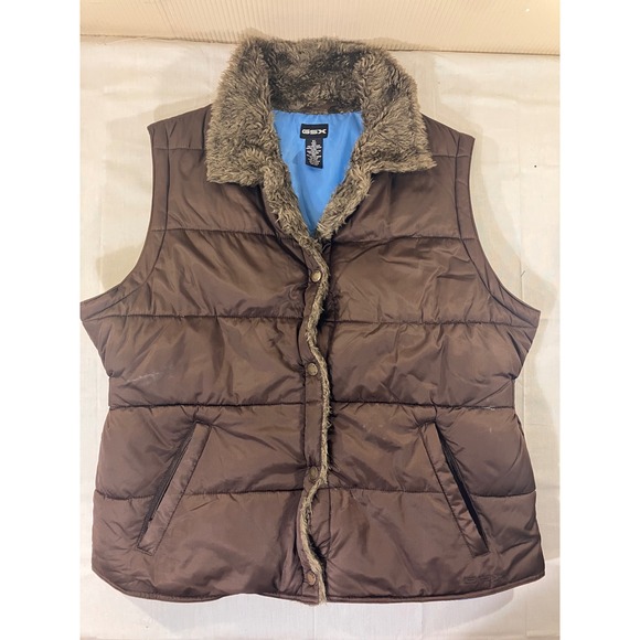 GSX Womens XL Brown Puffer Vest Faux Fur Trim Quilted Button Front Winter - Picture 1 of 6